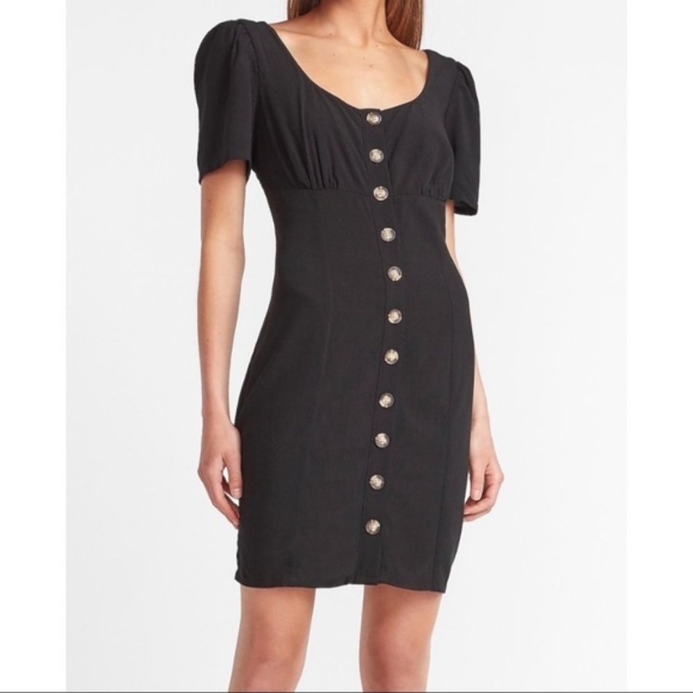 EXPRESS Button Front Scoop Neck Black Mini Dress | SZ S